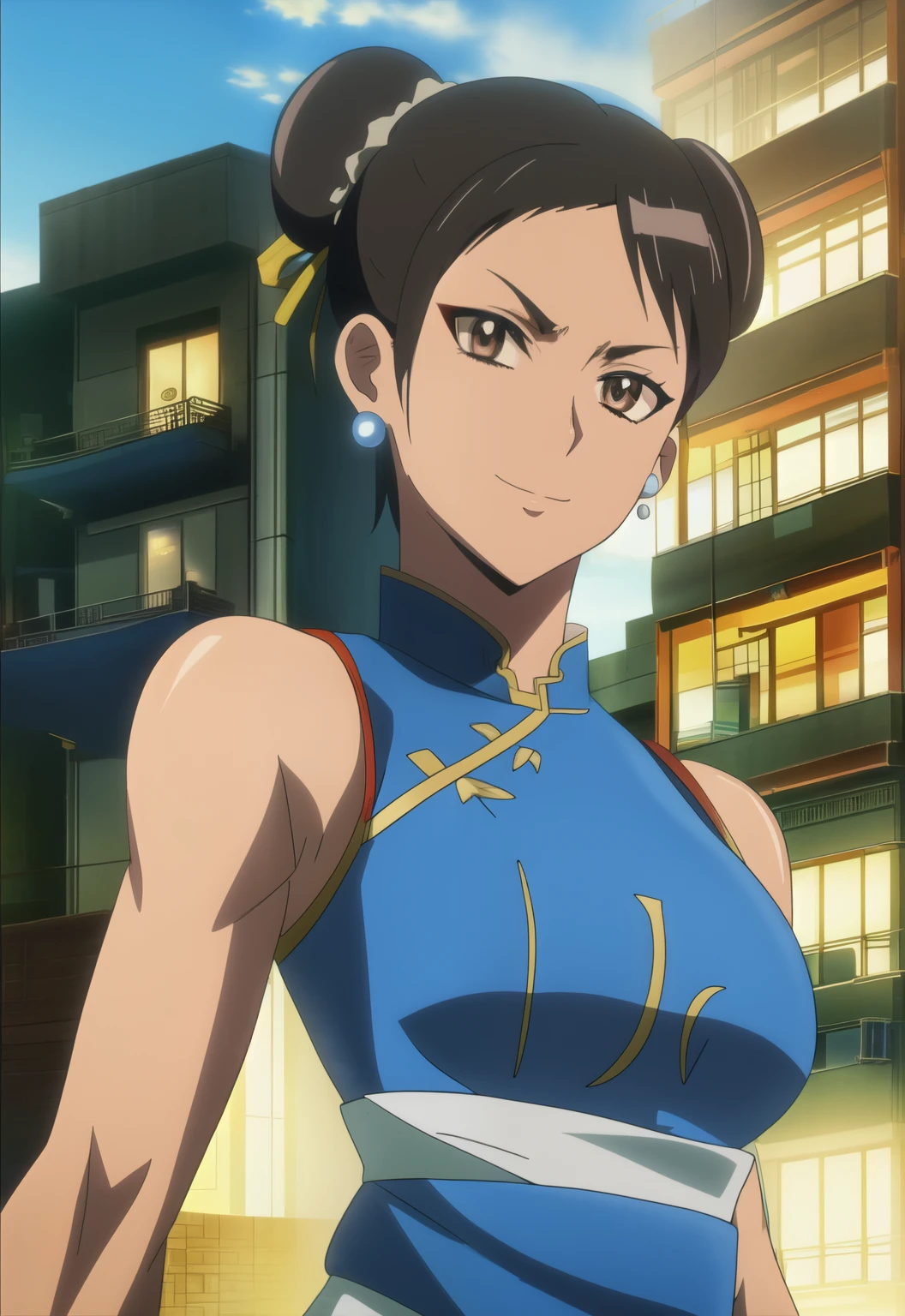 chun li, double bun,  black hair, brown eyes,  
chinese clothes, spiked bracelet, bun cover, earrings , 
standing, upper body,  smile,  sash, 
chinatown,  police station,  morning, 
(insanely detailed, beautiful detailed face, beautiful detailed eyes, masterpiece, best quality),solo, ,anime style, anime screencap