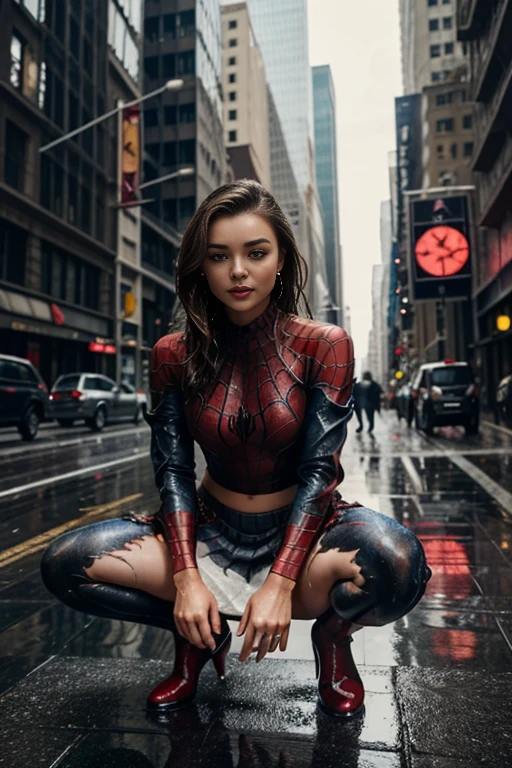Rachel Weisz、squatting down、マーベル・コミック映画のposter, very beautiful, movies about spiderman, sexy, whole body, I'm wearing a skirt、premiere date, poster、belly buttonを突き出す、new york、she&#39;s wearing a torn spiderman suit,the suit is torn、wearing a skirt、 red and black color scheme,dynamic、masterpiece、highest quality、super detailed、very detailed、Detailed beautiful shine、超A high resolution、cinematic,tear,teardrop,(torn clothes:1.5), (wet clothes:1.4), bare shoulders,real rain,wet hair,belly button、exposing skin、sexyな肩を見せてる