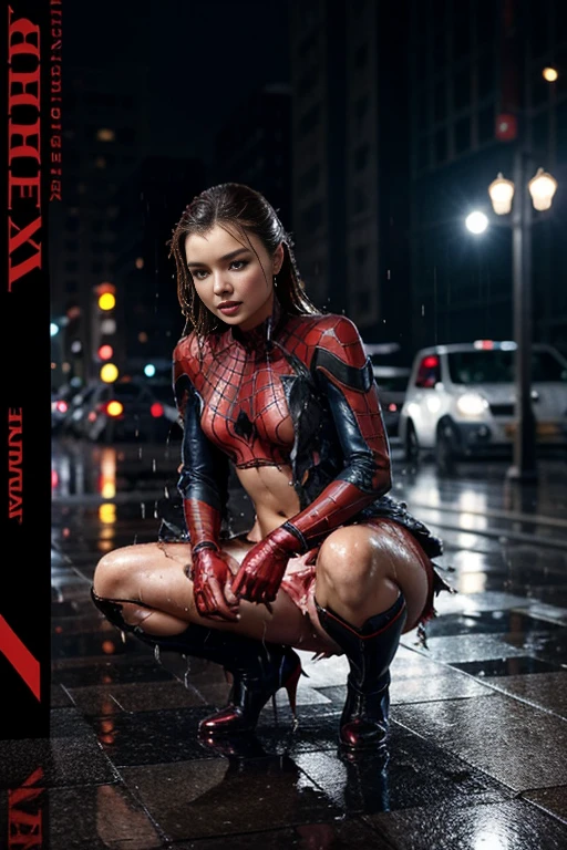 Miranda Kerr、squatting down、マーベル・コミック映画のposter, very beautiful, movies about spiderman, sexy, whole body, I'm wearing a skirt、premiere date, poster、belly buttonを突き出す、new york、she's wearing a torn spiderman suit,the suit is torn、wearing a skirt、 red and black color scheme,dynamic、masterpiece、highest quality、super detailed、very detailed、Detailed beautiful shine、超A high resolution、cinematic,tear,teardrop,(torn clothes:1.5), (wet clothes:1.4), bare shoulders,real rain,wet hair,belly button、exposing skin、sexyな肩を見せてる