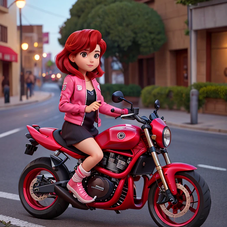hay una mujer en una moto rojo, with medium red hair without cap dark brown eyes, He is on a road at night he has a pink jacket, un vestido zapatillas blancas