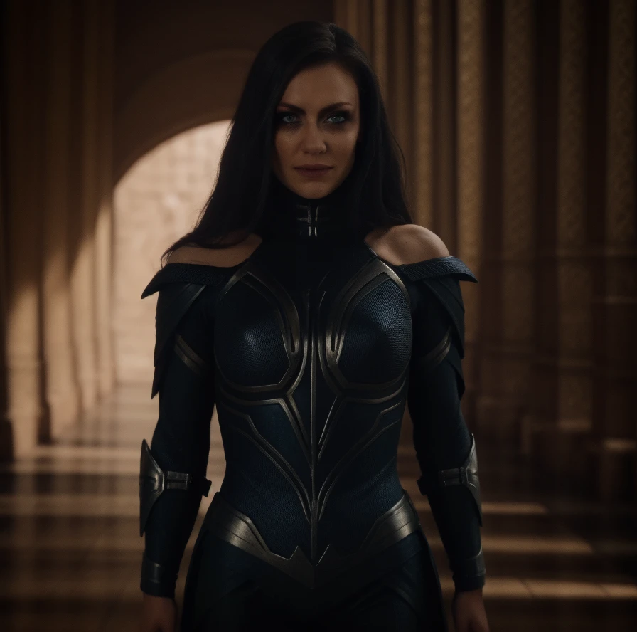 Best_QualityPos, RAW photo, intricate details, best quality, 8k uhd, soft lighting, 1girl, solo, bare shoulders, black hair, long hair, armor, Blue eyes, epiC35mm  