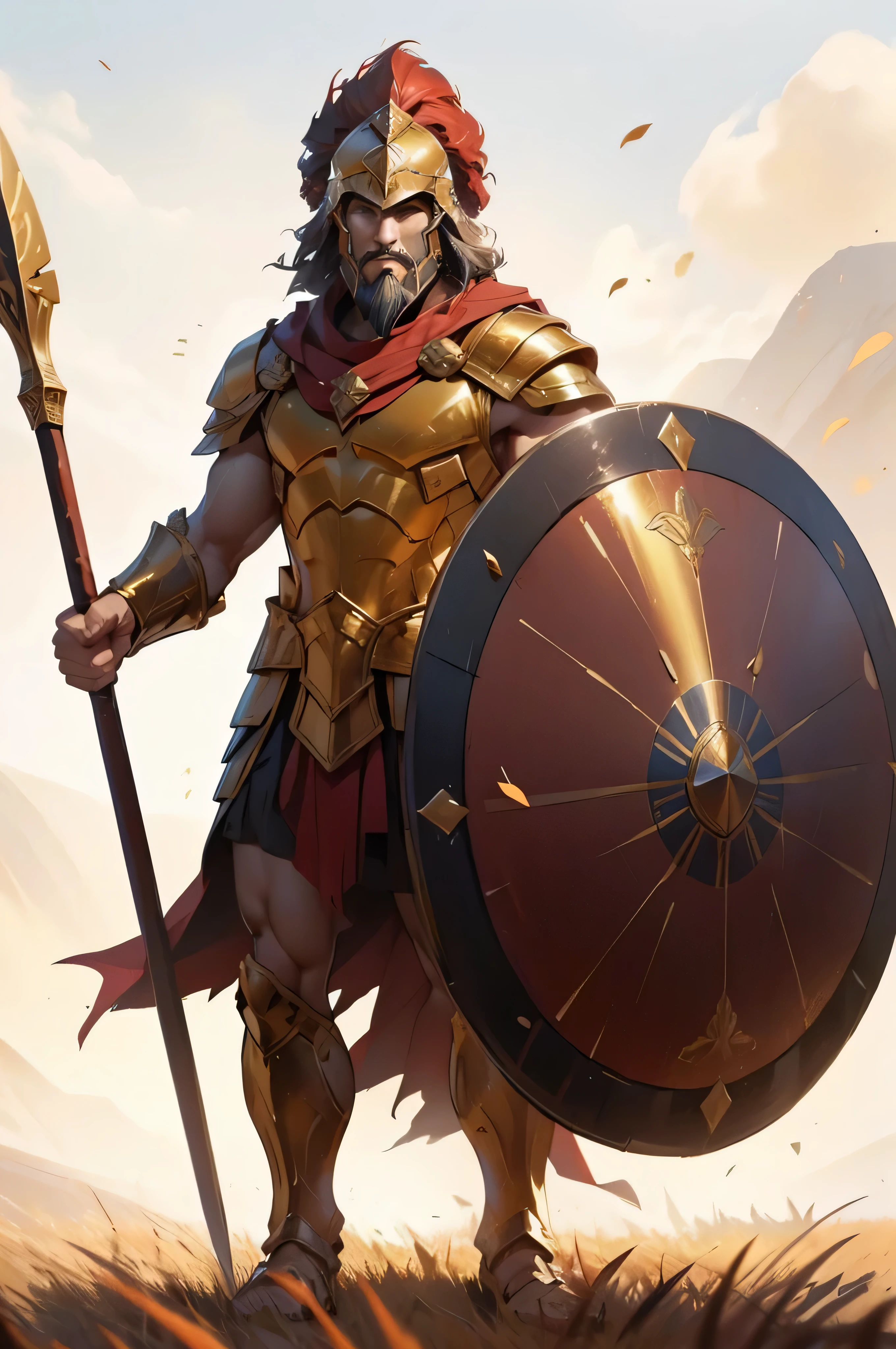 A muscular and bearded Greek hoplite, with a long spear and a large round shield, his entire body is surrounded by a golden luminous magical energy that takes the shape of a lion, the setting is a red grass field, h0pl1t3, armor, hoplite, helmet, shield, male,h0pl1t3, armor, hoplite, helmet, shield, male,