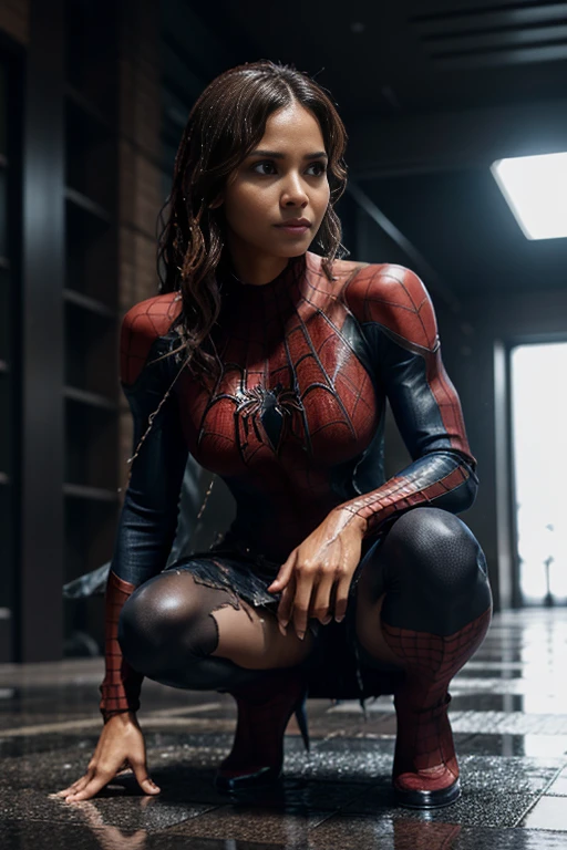 halle berry、squatting down、マーベル・コミック映画のposter, very beautiful, movies about spiderman, sexy, whole body, I'm wearing a skirt、premiere date, poster、belly buttonを突き出す、new york、she&#39;s wearing a torn spiderman suit,the suit is torn、wearing a skirt、 red and black color scheme,dynamic、masterpiece、highest quality、super detailed、very detailed、Detailed beautiful shine、超A high resolution、cinematic,tear,teardrop,(torn clothes:1.5), (wet clothes:1.4), bare shoulders,real rain,wet hair,belly button、exposing skin、sexyな肩を見せてる