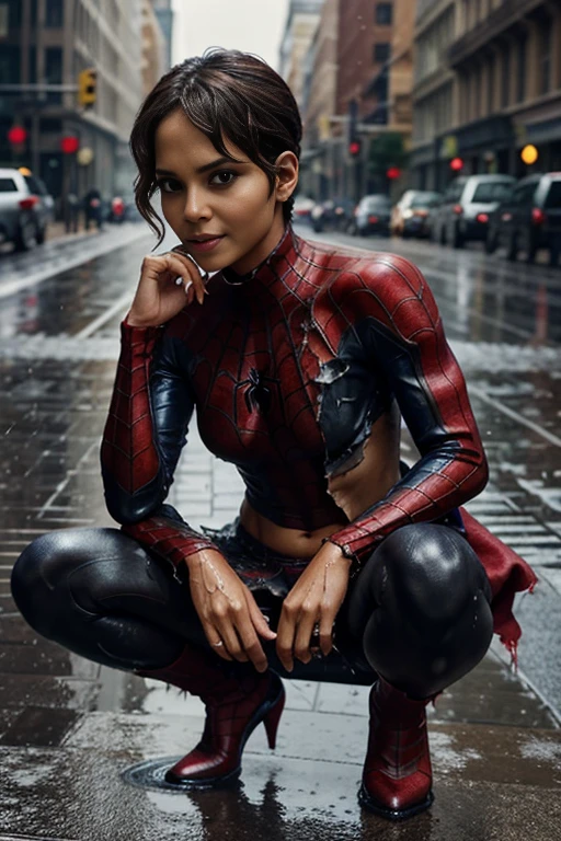 halle berry、squatting down、マーベル・コミック映画のposter, very beautiful, movies about spiderman, sexy, whole body, I'm wearing a skirt、premiere date, poster、belly buttonを突き出す、new york、she&#39;s wearing a torn spiderman suit,the suit is torn、wearing a skirt、 red and black color scheme,dynamic、masterpiece、highest quality、super detailed、very detailed、Detailed beautiful shine、超A high resolution、cinematic,tear,teardrop,(torn clothes:1.5), (wet clothes:1.4), bare shoulders,real rain,wet hair,belly button、exposing skin、sexyな肩を見せてる