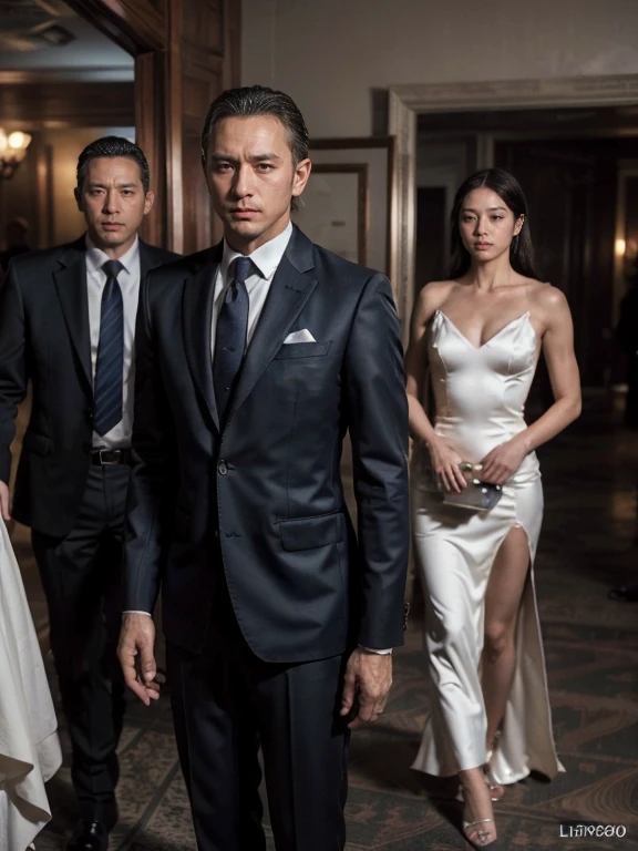 original photo,depth of field,dramatic,Inspired by the 007 movie,(Real movie stills:1.3),007 movie style,(best quality, high resolution:1.2), Super detailed details, (actual、lifelike、Realism:1.3), Full body female love,Tall man,sexy woman,((1 woman and 2 men together)), The woman's hair is very messy,Woman wearing intricate evening dress,Threatening atmosphere,007 atmosphere, Threatening atmosphere,Agent atmosphere, close up, Perfect body,性感的long legs,long legs,Highly detailed facial details, real background,Stills from the real 007 movie,Movie plot,(sharp focus:1.2), Very detailed, (lifelike:1.4), (The original image, 8K high resolution:1.2), RAW candid movies, 16 mm, Color graded Portra 400 film, Surreal, subsurface scattering, Ray tracing, (Volumetric lighting),((Behind the woman stood two men in suits))