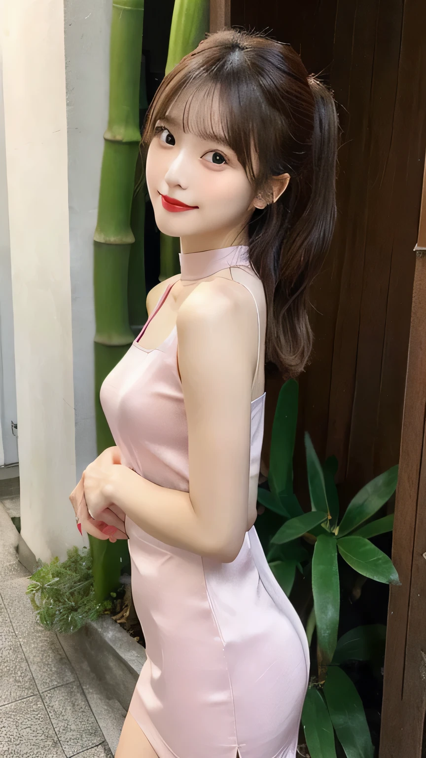 lady 1people,（full body figure:1.2),（nine heads and bodies:2.0）, small butt,(thin thighs),（long and thin legs: 2.0）,（Knees Stretch：2.0）,stand with legs closed,（height 2/3 is the leg:2.0）, (light cherry color pumps:1.2), （Tight casual dress made of light cherry color silk :1.3),  light cherry color choker,Transparent white glossy skin, 25 years old, cute sexy little face, red lips, parted lips, sexy face, sexy young woman, light brown straight hair, Asian eyes, Beautiful smile, Medium chest, slender body shape, tight waist,  beautiful hands, thin shoulders, look at the audience,  standing position, bamboo forest morning