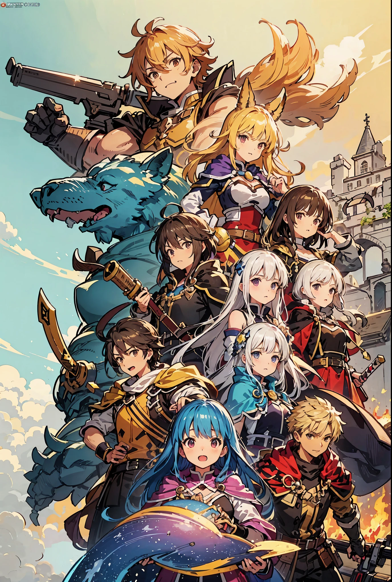 a group of anime characters standing on top of each other, coriolios rpg art style, konosuba, konosuba anime style, rpg maker, popular isekai anime, isekai, granblue fantasy, epic light novel art cover, final fantasy tactics character, fire emblem, final fantasy tactics, crisp clear rpg portrait, cushart, battle chasers