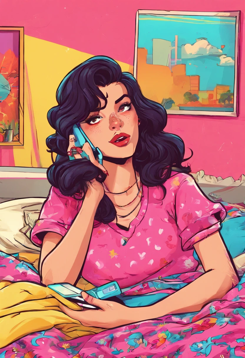 Girl with wavy black hair calling on iPhone cell phone lying on her bed with small clothes