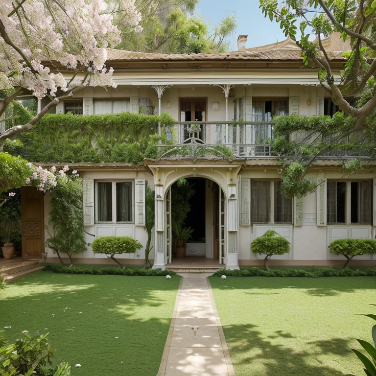 estilo art nouveau hiper realista, casa 2 andares, several rooms, garden with flowering trees, fonte, banco para descanso, no outono, vista de uma lente 150mm