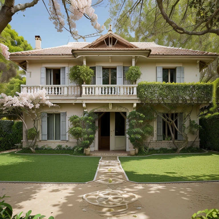 estilo art nouveau hiper realista, casa 2 andares, several rooms, garden with flowering trees, fonte, banco para descanso, no outono, vista de uma lente 150mm