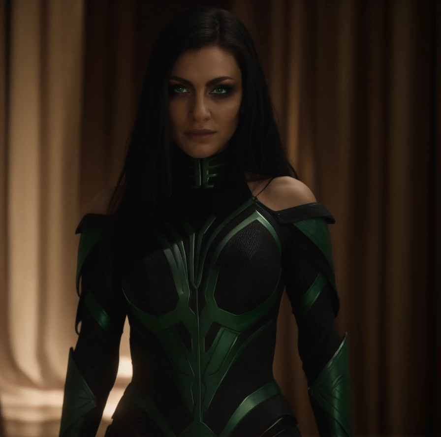 Best_QualityPos, RAW photo, intricate details, best quality, 8k uhd, soft lighting, 1girl, solo, bare shoulders, black hair, long hair, armor, green eyes, epiC35mm  