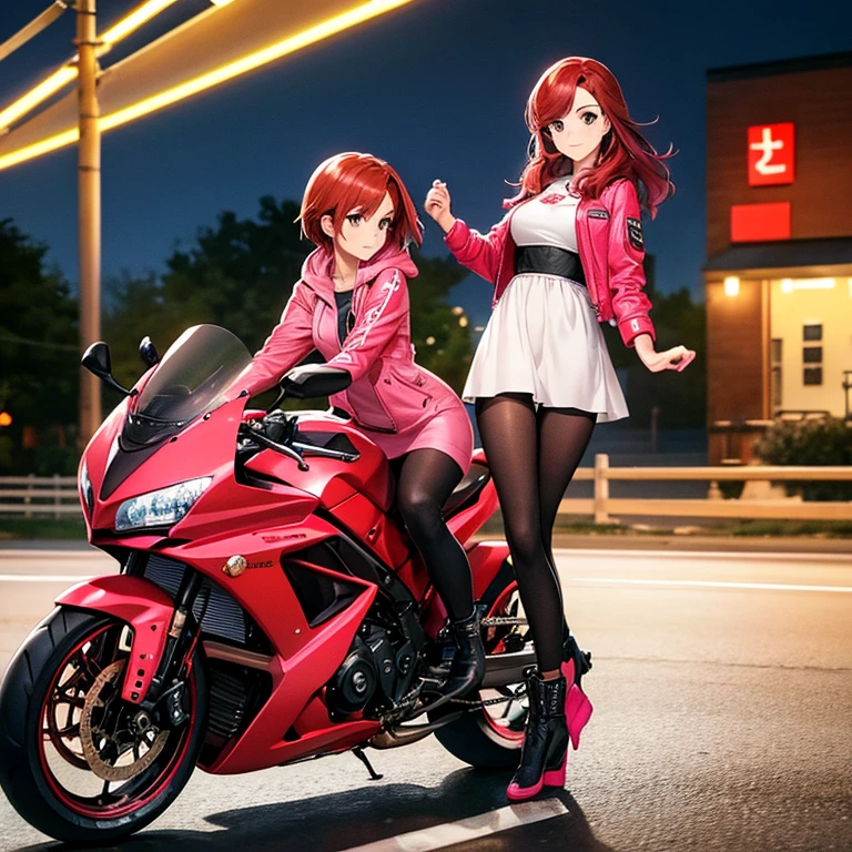 hay una mujer en una moto rojo, with medium red hair without cap dark brown eyes, He is on a road at night he has a pink jacket, un vestido zapatillas blancas 