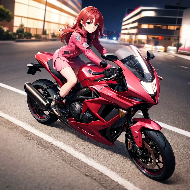 hay una mujer en una moto rojo, with medium red hair without cap dark brown eyes, He is on a road at night he has a pink jacket, un vestido zapatillas blancas