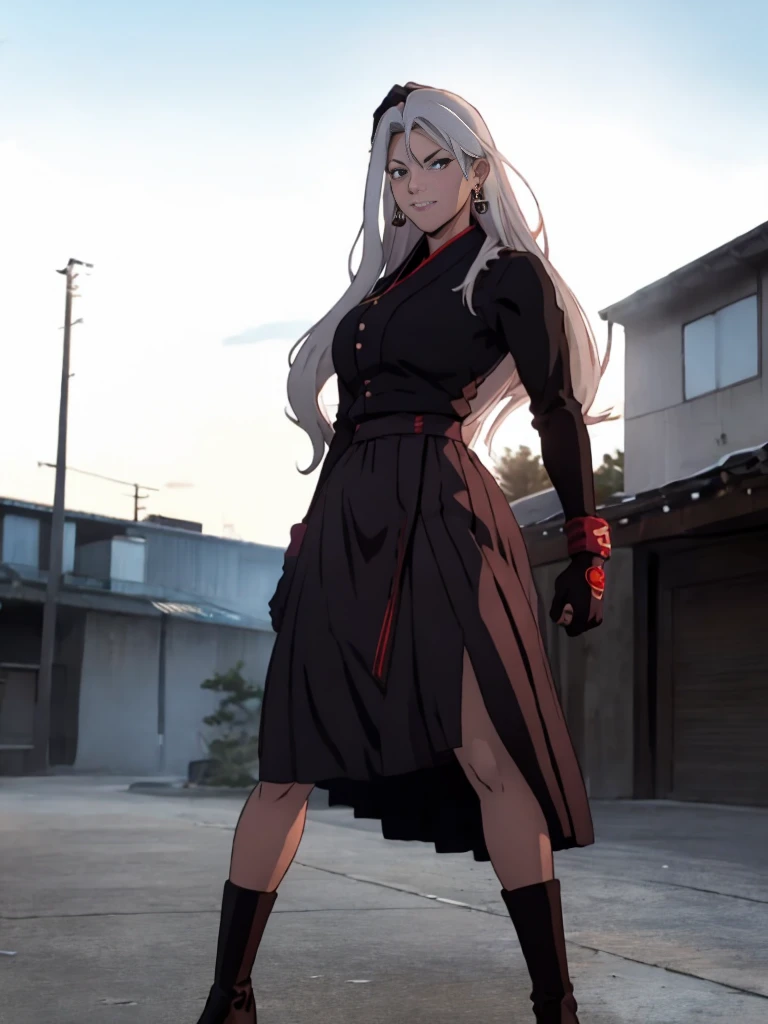 cartoon, sukeban illyasviel_von_einzbern, mature_female, silver hair, holding yoyo, combat pose, full body, flowing hair, hair between the eyes, asymmetrical hair, red eyes, delicate facial features, sukeban deka clothe, looking_at_viewer, outdoors, background tokyo, ((solo girl:1,5))+++++,woman in a 80's sukeban seifuku standing on a set of strees, black , 80's japanese sukeban photo, sukeban seifuku,  80's japan, sukeban, long black skirt, red converse, full body, light skin tone female, full body, tape, arm_support, gloves, red_gloves, bridal gauntlets, blackred_footwear, fighter outfit, full body, hourglass, mature face, cheeky smile, cheeky face, wrinkles,( silver long hair, earrings, ear piercings), (fighting art, Martial arts, standing, fighting_stance, fight, fighting), extra colors, 2D, megapixel, perfectionism, accent lighting, full HD , 4K, masterpiece, empty red eyes,  extra colors, 2D, megapixel, perfectionism, accent lighting, full HD , (Masterpiece:1.2), (full-body-shot:1),(cowboy shot:1.2), (Highly detailed:1.2),(anime Detailed Face:1.2), Colorful, A detailed eye, (Detailed landscape:1.2), (natural lighting:1.2), ((sukeban school teacher)) by Vincent Di Fate: Aidyllery, Anamorphic Shot, rule of thirds, face by Artgerm and WLOP, ((street of rage 4 city backround)), fictive city backround in the style art of street of rage 4,