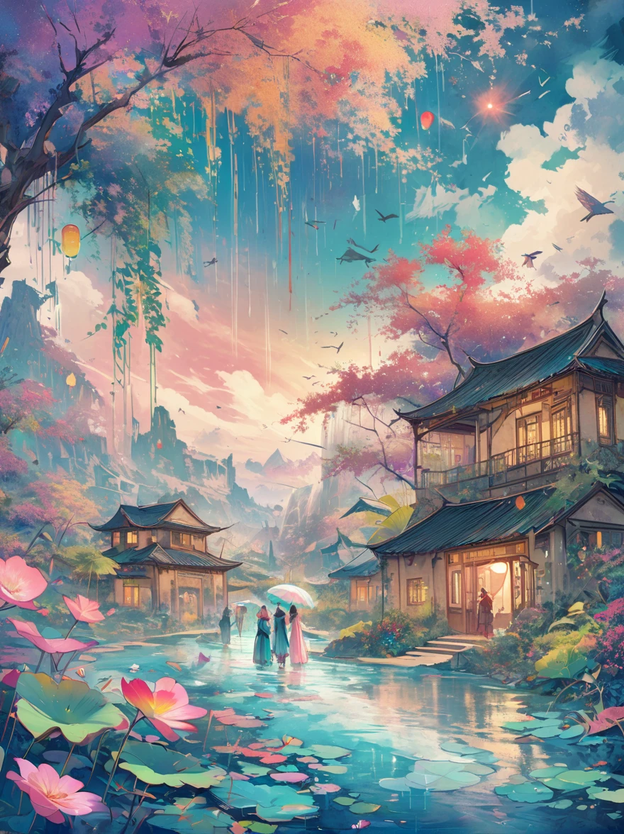 Fascinating utopian world scenes,Imagine the majestic realm of romantic fantasy. The environment is full of intricate floating islands, fluffy clouds, Waterfall pours down from floating island, and a vibrant, surreal atmosphere. The atmosphere is filled with a sense of wonder and tranquility. Include various shades of pink as well as other vibrant jewel tones in the image. This scene will be depicted using anime style illustrations, with soft lines, pastel colors, And a whimsical touch. All buildings are extremely detailed and elegant. The artwork will capture the ethereal beauty and serenity of a dreamland, Create a sense of,Escape from the ordinary world. Add cyan water, Colorful watercolor sky, Luminescent elements, and lots of fantasy little details,including iridescence, Exquisite scenery, shiny. the most important is, This should look like fantasy art. (((A utopian world of futuristic sci-fi fairy tale elements, mechanical metal, and classical mythological elements.)))