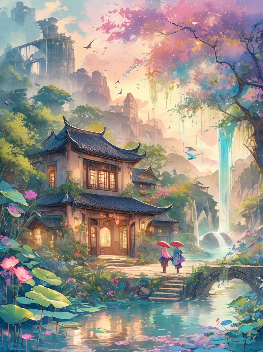 Fascinating utopian world scenes,Imagine the majestic realm of romantic fantasy. The environment is full of intricate floating islands, fluffy clouds, Waterfall pours down from floating island, and a vibrant, surreal atmosphere. The atmosphere is filled with a sense of wonder and tranquility. Include various shades of pink as well as other vibrant jewel tones in the image. This scene will be depicted using anime style illustrations, with soft lines, pastel colors, And a whimsical touch. All buildings are extremely detailed and elegant. The artwork will capture the ethereal beauty and serenity of a dreamland, Create a sense of,Escape from the ordinary world. Add cyan water, Colorful watercolor sky, Luminescent elements, and lots of fantasy little details,including iridescence, Exquisite scenery, shiny. the most important is, This should look like fantasy art. (((A utopian world of futuristic sci-fi fairy tale elements, mechanical metal, and classical mythological elements.)))