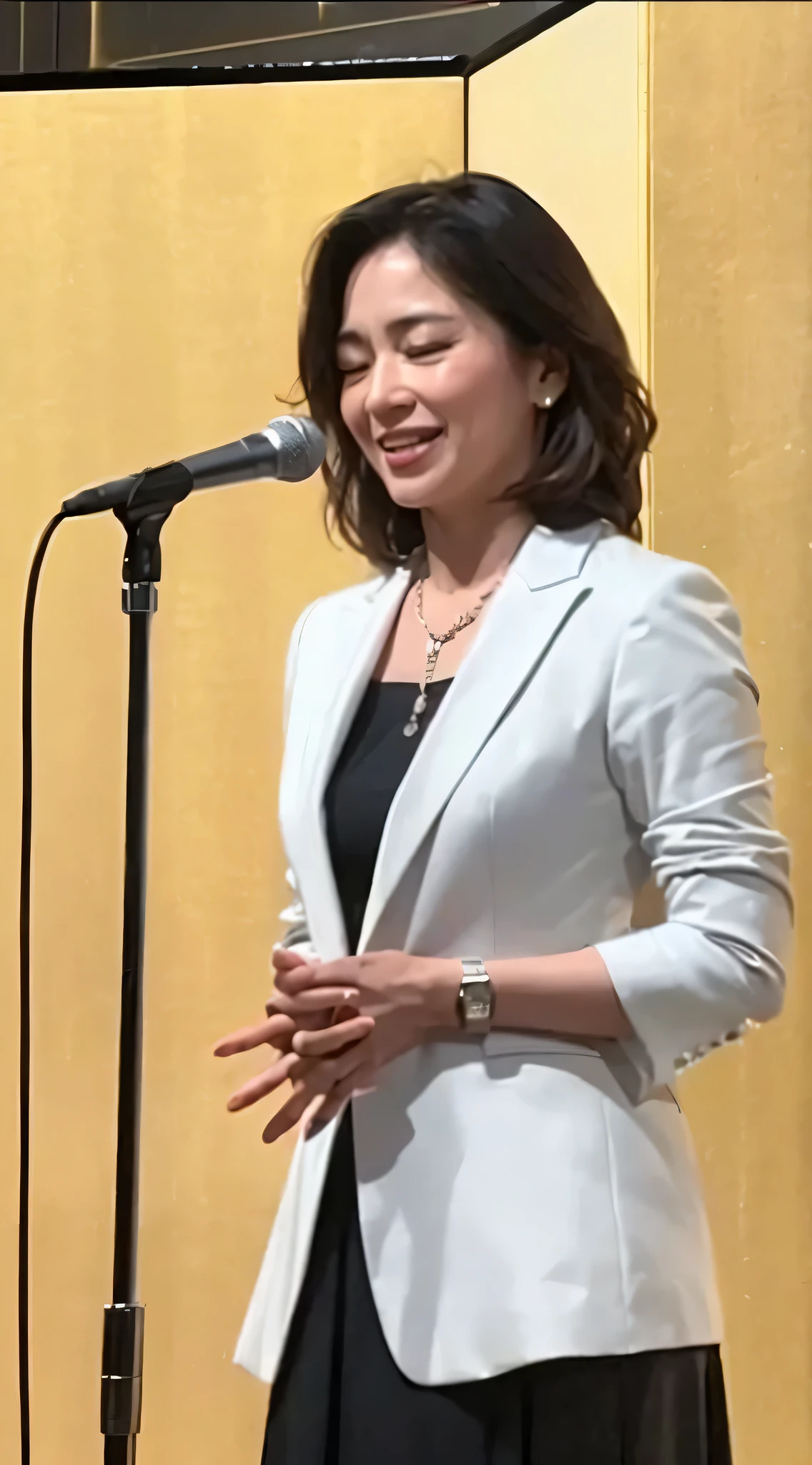 A woman standing in front of a gold folding screen, Beautiful woman、stand microphone,white business suit,black maxi skirt,chain necklace,silver watch,Highest quality raw photo, 最high quality), (realistic, photo-realistic:1.2), 1 girl, high quality, (high definition skin:1.4),Woman with closed eyes, gorgeous hair,  (dark room:1.3), (rim lighting:1.3), (It&#39;s dim:1.3), (dark night:1.3), indoors, black hair, ,,