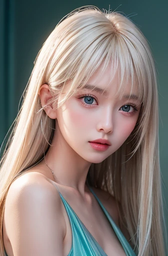 on the table, best quality, Realism, Super detailed, fine details, high resolution, 8k wallpaper, original color photo, professional, high level of detail, 13 year old beautiful girl、very cute face、((Dazzling platinum blonde super long straight silky hair)) Long bangs between the eyes、pretty face、sharp focus, Winning photo, (Emerald green dress), (cleavage), (facing forward), (look at the audience), Small lights, low contrast, Facial symmetry, depth of field, movie background, central image, Lights up softly, (Delicate skin), white skin, shiny skin、glossy surface、Teak gloss、Realistic skin texture, Extreme skin details、bright light ocean blue eyes、Beauty with small face、big eyes、round face、youthful features、