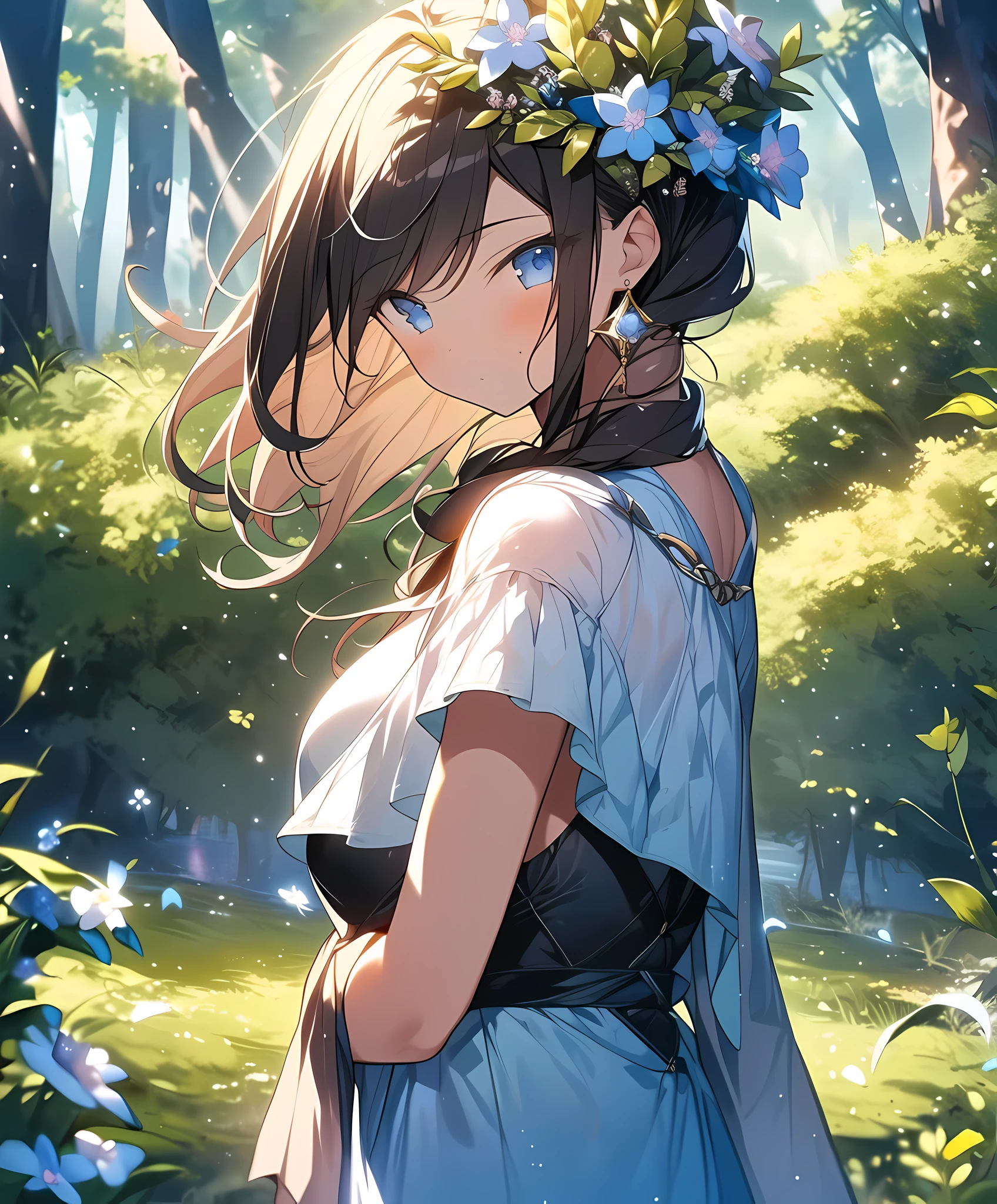 Best Quality, Masterpiece, 1girl, Pose, Particle, Wind, Flower, Upper Body, brass-indigo Color Scheme, Looking at the Viewer, flower fairy, ((Forest background)),