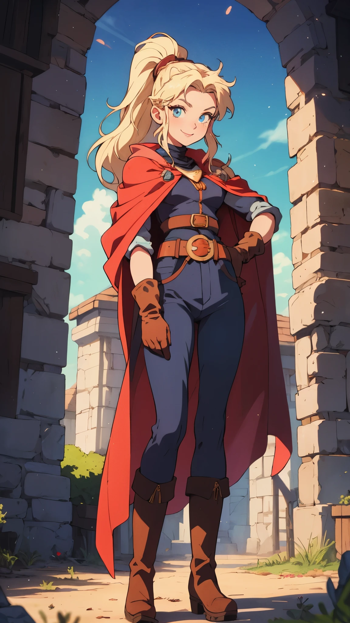 A girl with long indigo hair, a high ponytail, a headband adorned with crescent moon decorations, bright round eyes, a cheerful smile, a curious expression, a fantasy-style adventurer's coat with a short hem, houlder extensions forming a cape cloak, fabric gloves, a multifunctional belt, coarse cloth trousers, knee-high leather boots, a wilderness backdrop of Akira Toriyama's style, this character embodies a finely crafted fantasy-style adventurer in anime style, exquisite and mature manga art style, high definition, best quality, highres, ultra-detailed, ultra-fine painting, extremely delicate, professional, perfect body proportions, golden ratio, anatomically correct, symmetrical face, extremely detailed eyes and face, high quality eyes, creativity, RAW photo, UHD, 32k, Natural light, cinematic lighting, masterpiece-anatomy-perfect, masterpiece:1.5