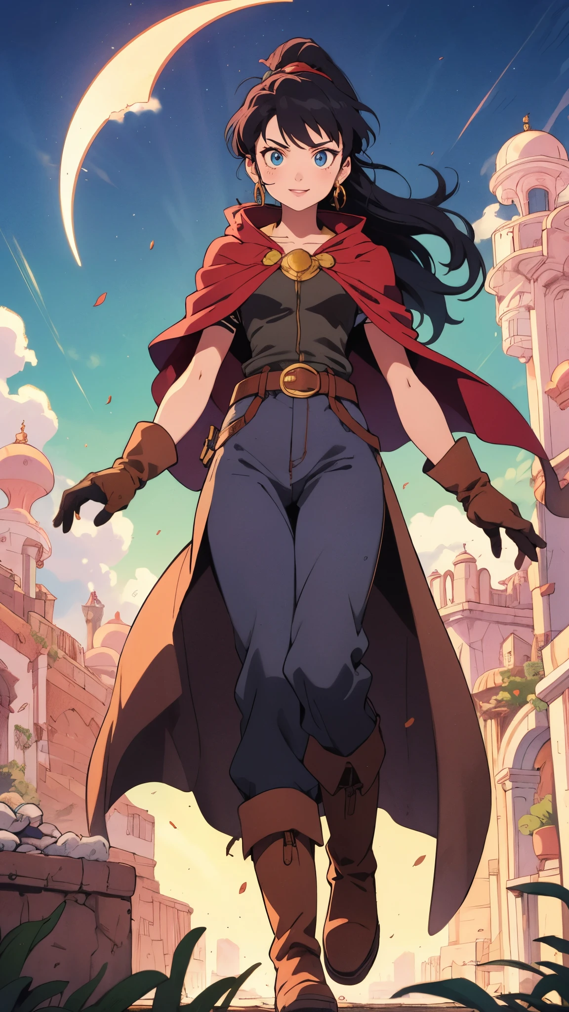 A girl with long indigo hair, a high ponytail, a headband adorned with crescent moon decorations, bright round eyes, a cheerful smile, a curious expression, a fantasy-style adventurer's coat with a short hem, houlder extensions forming a cape cloak, fabric gloves, a multifunctional belt, coarse cloth trousers, knee-high leather boots, a wilderness backdrop of Akira Toriyama's style, this character embodies a finely crafted fantasy-style adventurer in anime style, exquisite and mature manga art style, high definition, best quality, highres, ultra-detailed, ultra-fine painting, extremely delicate, professional, perfect body proportions, golden ratio, anatomically correct, symmetrical face, extremely detailed eyes and face, high quality eyes, creativity, RAW photo, UHD, 32k, Natural light, cinematic lighting, masterpiece-anatomy-perfect, masterpiece:1.5