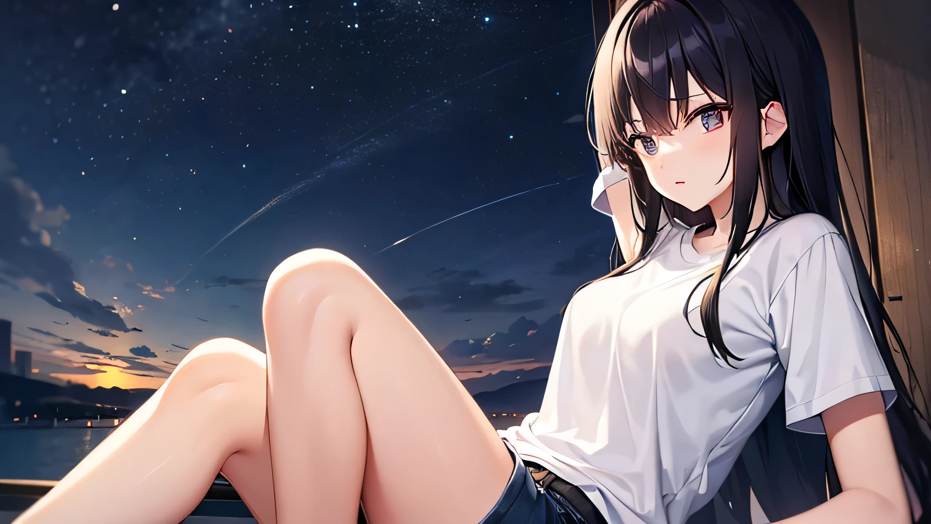 Anime girl sitting on a window sill looking at the night sky - SeaArt AI