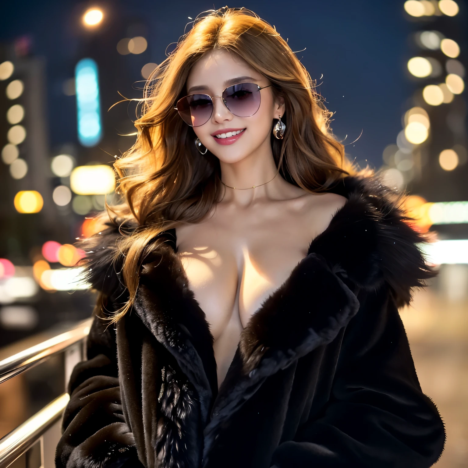 ((highest quality、table top、8K、best image quality、hyper realism、Award-winning work)、1 female、(big and full breasts:1.1)、(late pregnancy:1.1)、Mafia Female Boss、Brown blonde hair、smile looking at me、Full body photo of a woman standing elegantly、perfect anatomy、(The most luxurious and dignified huge fur coat:1.1)、(A large amount of very high quality fluffy fur:1.1)、(Lots of fluffy fur:1.1)、(the most luxurious black huge fur coat:1.1)、(black glowing sunglasses:1.2)、gorgeous accessories、long wavy hair、(Cityscape at midnight:1.1)、(city night view:1.1)、(fur shirt and fur coat:1.1)、A beautiful lipstick with a glossy, natural color、glossy lips、Ultra high definition glossy skin、Ultra-HD radiant, beautiful skin、Moist and beautiful skin、beautiful skin glow、超高精細のglossy lips、Super high-definition sparkling eyes、Super high definition beautiful perfect teeth、A small smile showing her beautiful teeth