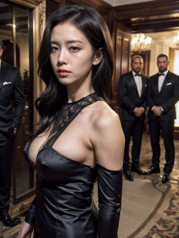 original photo,depth of field,dramatic,Inspired by the 007 movie,(Real movie stills:1.3),007 movie style,(best quality, high resolution:1.2), perfect composition,Super detailed details, (actual、lifelike、Realism:1.3), Full body female love,Tall man,sexy woman,((1 woman and 2 men together)), The woman's hair is very messy,Woman wearing intricate evening dress,hollow,pattern,badge,Threatening atmosphere,007 atmosphere, Threatening atmosphere,Agent atmosphere, close up, Perfect body,性感的long legs,long legs,Highly detailed facial details, real background,Stills from the real 007 movie,Movie plot,(sharp focus:1.2), Very detailed, (lifelike:1.4), (The original image, 8K high resolution:1.2), RAW candid movies, 16 mm, Color graded Portra 400 film, Surreal, subsurface scattering, Ray tracing, (Volumetric lighting),((Behind the woman stood two men in suits))