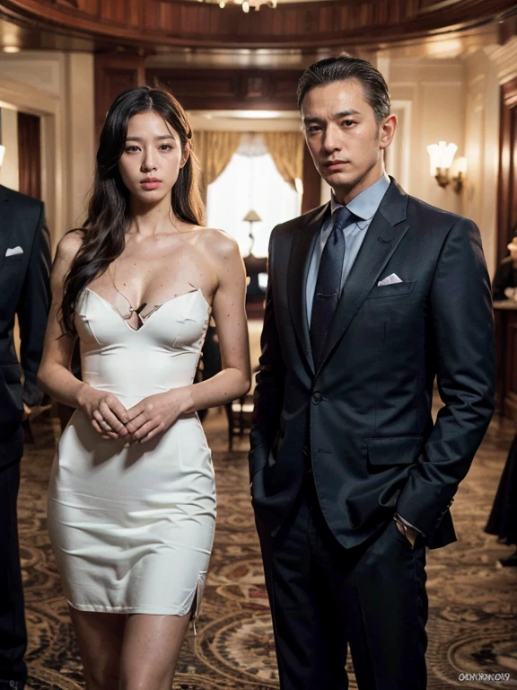 original photo,depth of field,dramatic,Inspired by the 007 movie,(Real movie stills:1.3),007 movie style,(best quality, high resolution:1.2), perfect composition,Super detailed details, (actual、lifelike、Realism:1.3), Full body female love,Tall man,sexy woman,((1 woman and 2 men together)), The woman's hair is very messy,Woman wearing intricate evening dress,hollow,pattern,badge,Threatening atmosphere,007 atmosphere, Threatening atmosphere,Agent atmosphere, close up, Perfect body,性感的long legs,long legs,Highly detailed facial details, real background,Stills from the real 007 movie,Movie plot,(sharp focus:1.2), Very detailed, (lifelike:1.4), (The original image, 8K high resolution:1.2), RAW candid movies, 16 mm, Color graded Portra 400 film, Surreal, subsurface scattering, Ray tracing, (Volumetric lighting),((Behind the woman stood two men in suits))