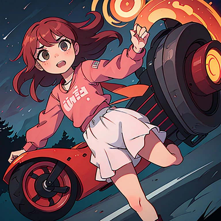 hay una mujer en una moto rojo, with medium red hair without cap dark brown eyes, He is on a road at night he has a pink jacket, un vestido zapatillas blancas