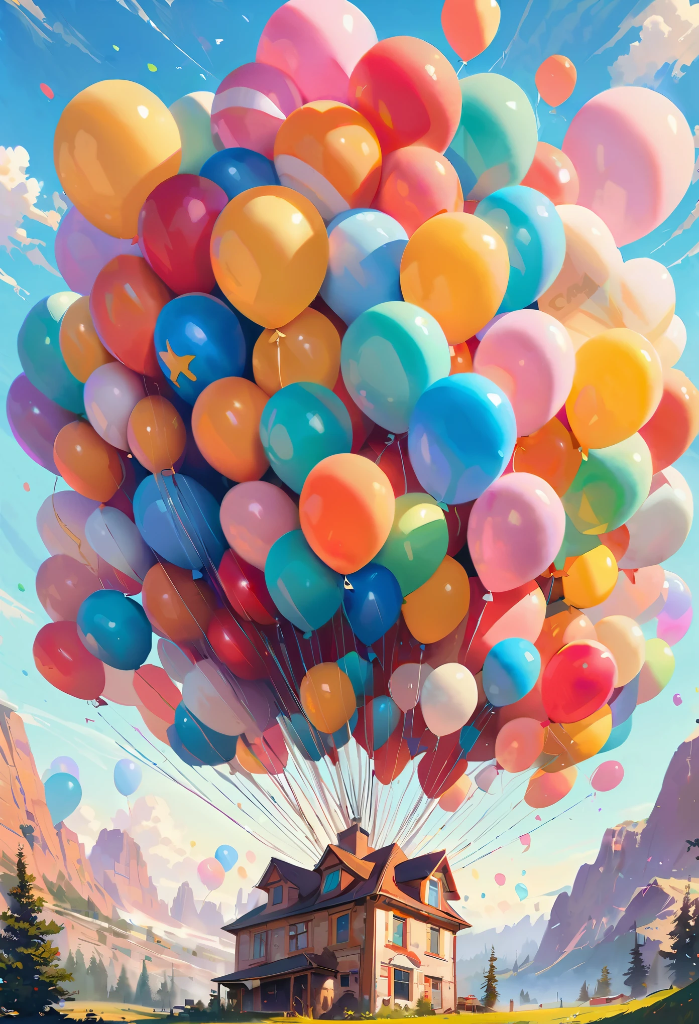 A house made of balloons is flying in the sky, in the style of Pixar, in the style of the movie Up, in a vintage style, photo realistic, hyper detailed, high definition, high resolution.