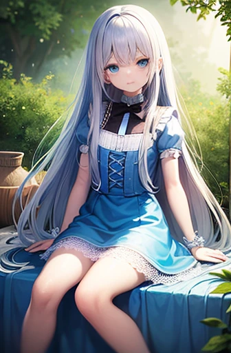 Potrat、alice in wonderland、blue sky、bright and beautiful face、Young and shiny fair skin、The most beautiful、platinum blonde，Exuding dazzling highlights、Extra long silky straight hair、Beautiful shiny bangs、Glowing crystal clear blue eyes、Very beautiful and cute 14 year old pretty girl、white apron、blue dress