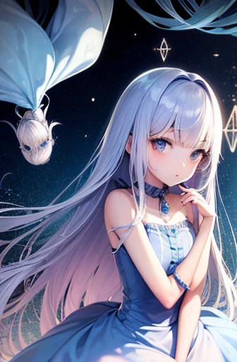 Potrat、alice in wonderland、blue sky、bright and beautiful face、Young and shiny fair skin、The most beautiful、platinum blonde,Exuding dazzling highlights、Extra long silky straight hair、Beautiful shiny bangs、Glowing crystal clear blue eyes、Very beautiful and cute 14 year old pretty girl、white apron、blue dress