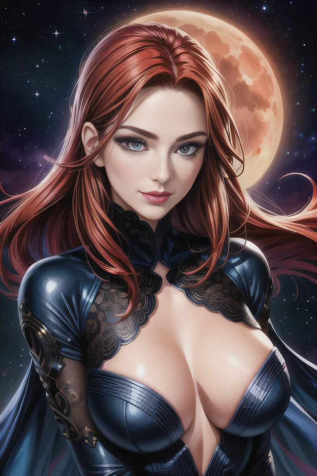 portrait shot, european woman, ((vivid red hair)), mature woman, 30 years old, diamond face, medium breast, moonlight, red starry sky background, depth of field, magic, big red lips, ((dark black eyes)) (Detailed beautiful eyes) red long and full dress, covered chest, mystical atmosphere, ominous shadows, Intense blue aura, Intense red aura (best quality:1.2), absurdres, intricate details, (highly detailed skin:1.2), smile expression, posing, taut and well defined body, attractive. Highly realistic, pale skin, beautiful, hyperrealism, skin very elaborated, direct gaze AB JLEE3, Complex facial details for all characters, Expressive eyes and nose and mouth, unzoom, author:Jim Lee Right Section Centered, Key, Visual, Complex, Highly Detailed, Breathtaking, Precise Line Art, Vibrant Panorama Film