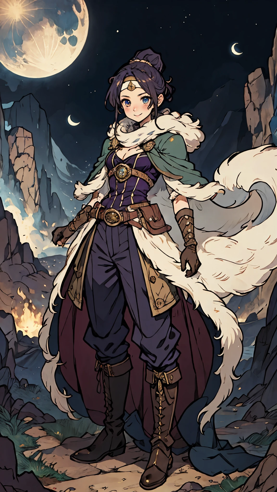 A girl with long indigo hair, a high ponytail, a headband adorned with crescent moon decorations, bright round eyes, a cheerful smile, a curious expression, a fantasy-style adventurer's coat with a short hem, houlder extensions forming a cape cloak, fabric gloves, a multifunctional belt, coarse cloth trousers, knee-high leather boots, a wilderness backdrop of Akira Toriyama's style, this character embodies a finely crafted fantasy-style adventurer in anime style, exquisite and mature manga art style, high definition, best quality, highres, ultra-detailed, ultra-fine painting, extremely delicate, professional, perfect body proportions, golden ratio, anatomically correct, symmetrical face, extremely detailed eyes and face, high quality eyes, creativity, RAW photo, UHD, 32k, Natural light, cinematic lighting, masterpiece-anatomy-perfect, masterpiece:1.5