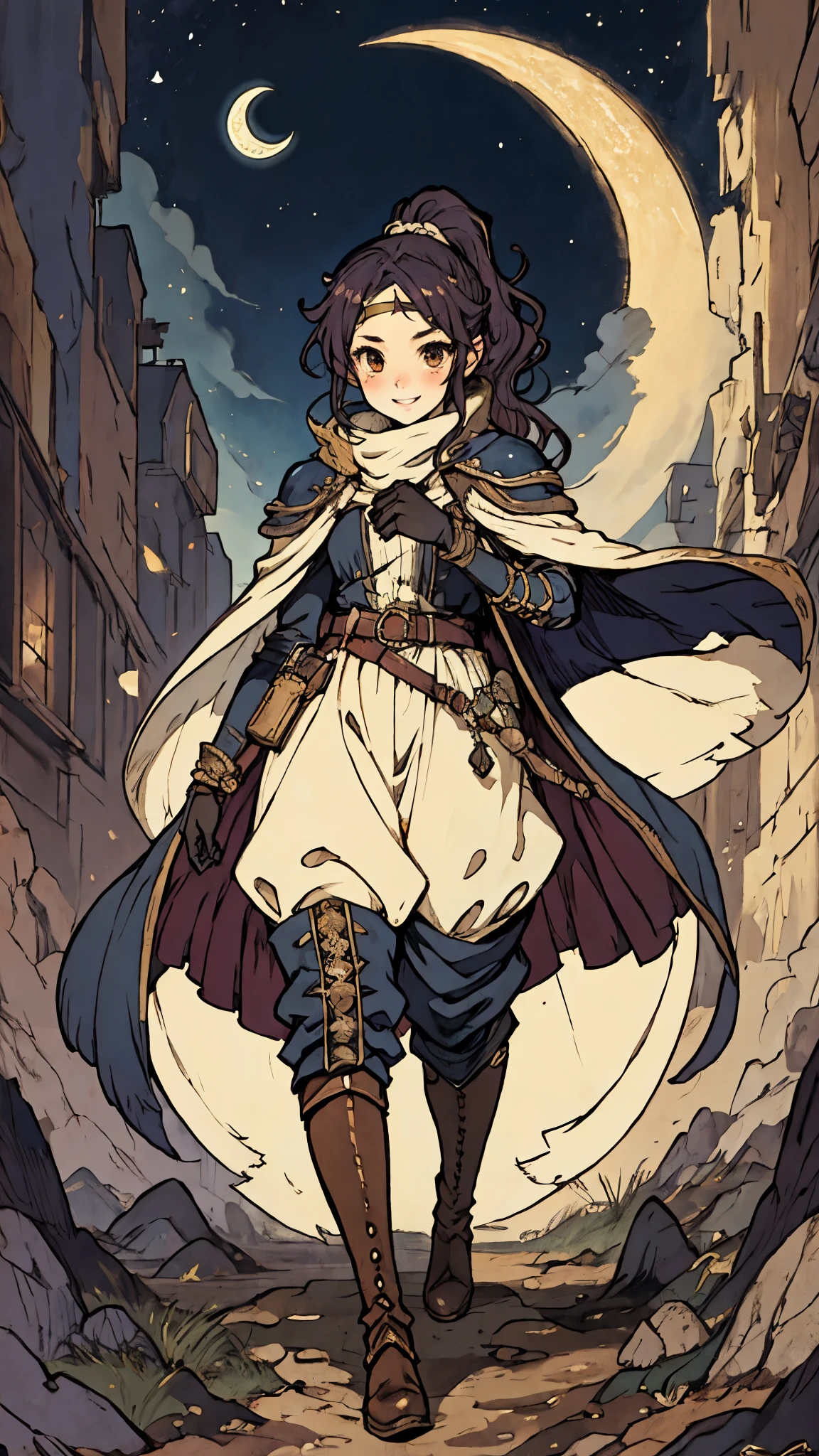 A girl with long indigo hair, a high ponytail, a headband adorned with crescent moon decorations, bright round eyes, a cheerful smile, a curious expression, a fantasy-style adventurer's coat with a short hem, houlder extensions forming a cape cloak, fabric gloves, a multifunctional belt, coarse cloth trousers, knee-high leather boots, a wilderness backdrop of Akira Toriyama's style, this character embodies a finely crafted fantasy-style adventurer in anime style, exquisite and mature manga art style, high definition, best quality, highres, ultra-detailed, ultra-fine painting, extremely delicate, professional, perfect body proportions, golden ratio, anatomically correct, symmetrical face, extremely detailed eyes and face, high quality eyes, creativity, RAW photo, UHD, 32k, Natural light, cinematic lighting, masterpiece-anatomy-perfect, masterpiece:1.5