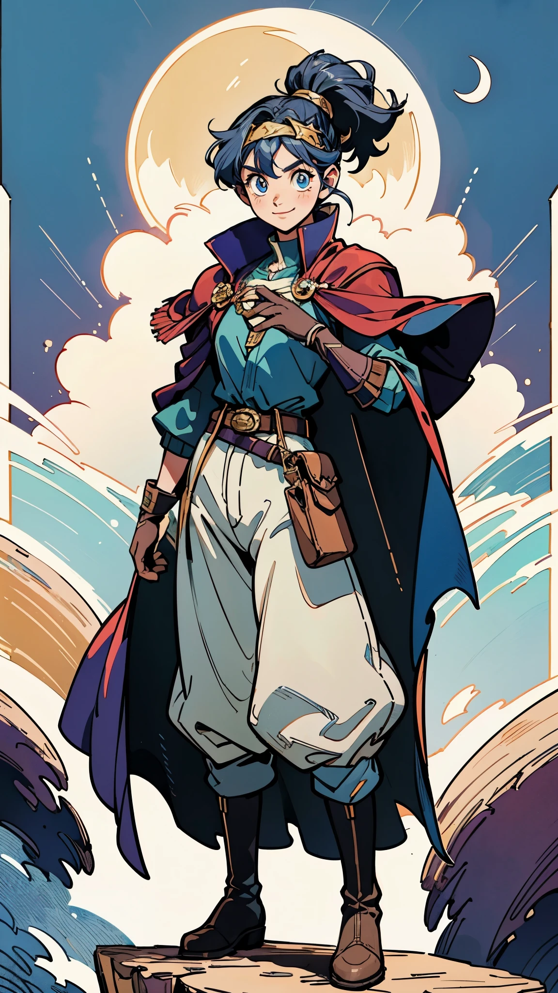 A girl with long indigo hair, a high ponytail, a headband adorned with crescent moon decorations, bright round eyes, a cheerful smile, a curious expression, a fantasy-style adventurer's coat with a short hem, houlder extensions forming a cape cloak, fabric gloves, a multifunctional belt, coarse cloth trousers, knee-high leather boots, a wilderness backdrop of Akira Toriyama's style, this character embodies a finely crafted fantasy-style adventurer in anime style, exquisite and mature manga art style, high definition, best quality, highres, ultra-detailed, ultra-fine painting, extremely delicate, professional, perfect body proportions, golden ratio, anatomically correct, symmetrical face, extremely detailed eyes and face, high quality eyes, creativity, RAW photo, UHD, 32k, Natural light, cinematic lighting, masterpiece-anatomy-perfect, masterpiece:1.5