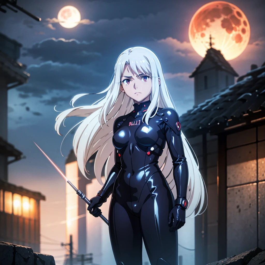  illyasviel_von_einzbern in the style of evangelion, shiny_skin, (clothe inspired by evangelion, aliens, gunbuster, gunnm, metal gear, death stranding), impossible_clothes, bodysuit, white_bodysuit, suit, pilot suit, jumpsuit, plugsuit, armor, shiny_clothes, jacket, cybernetics suit, gloves, gainax anime style, studio gainax art, studio gainax illustration, inspired by Masamune Shirow, studio gainax, big breasts, two_side_up, full body, can't be this cute, girl on top, long_hair, white_hair, silver_hair, floating_hair, hair_between_eyes, asymmetrical hair, red_eyes, looking_at_viewer, outdoors, holding, holding_weapon, Spear of Longinus, cowboy_shot, background, glowing, moon, red, red moon, full_moon, moonlight, star_(sky), night, city, building, cityscape, science_fiction, ((mature female, mature, milf)), 