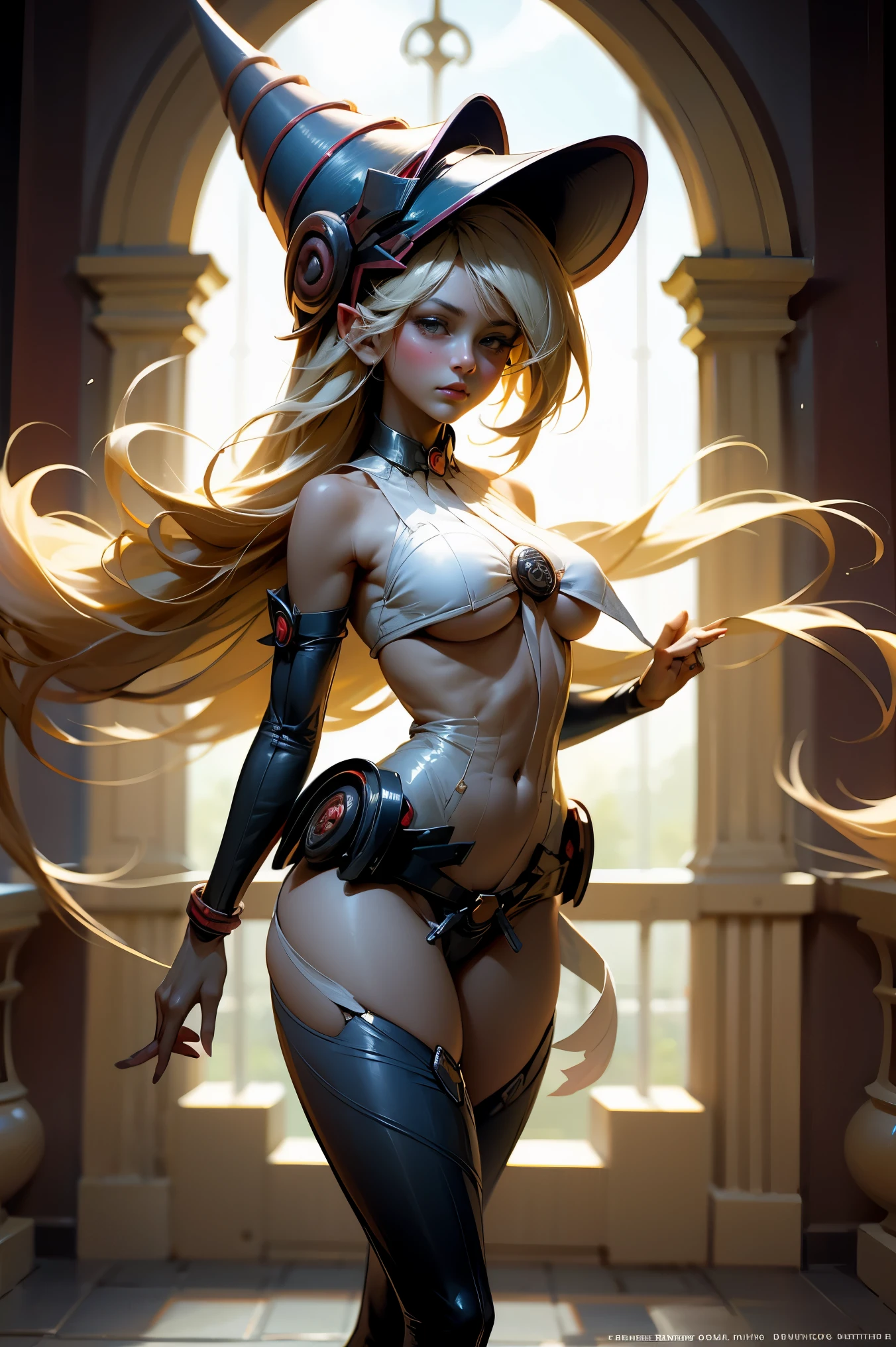 (Obra maestra:1.2), (La mejor calidad:1.2), perfect lighting, Chica Maga Oscura lanzando un hechizo, flotando en el aire, tetas grandes, escote, fondo de magia. Corazones transparente en el hambiente, bata azul, sombrero grande, desde arriba, Destellos, Yugioh Card en el fondo. En tacones y en bikini