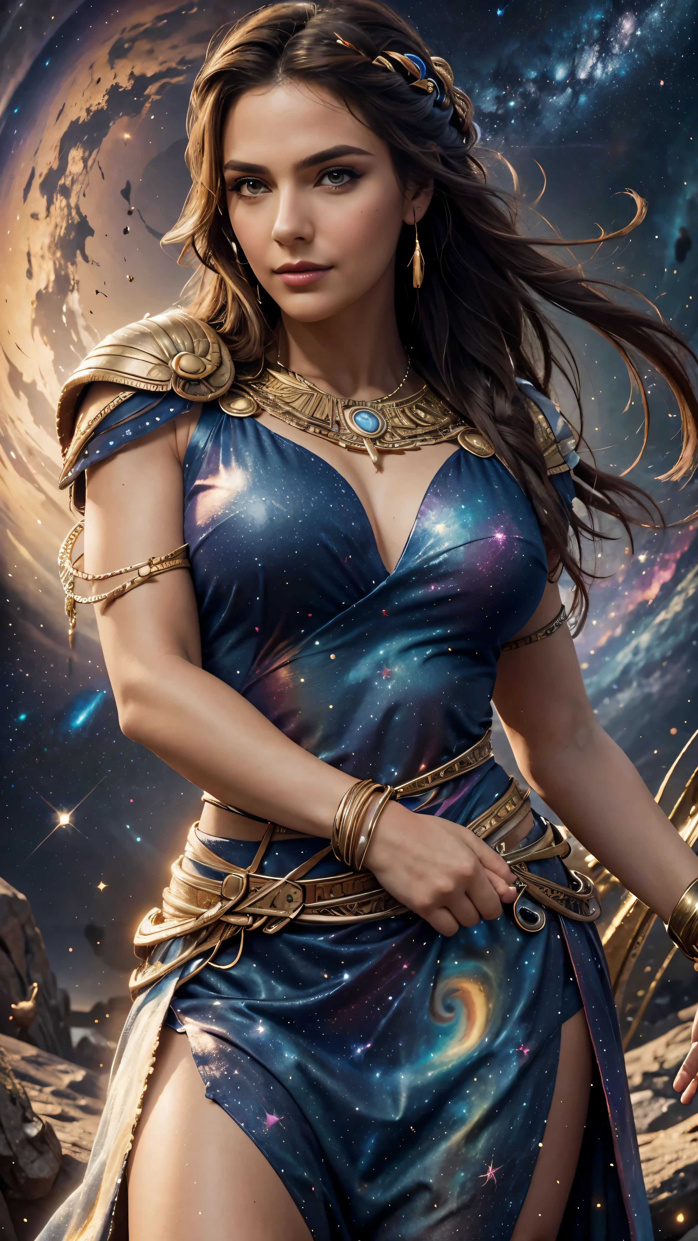 High detail, super detail, super high resolution, Kassandra, enjoying her time in the dream galaxy, surrounded by stars, warm light sprinkled on her, full body, background is starry sky with colorful galaxies and galaxy clouds, stars flying around her, delicate face, playful atmosphere,