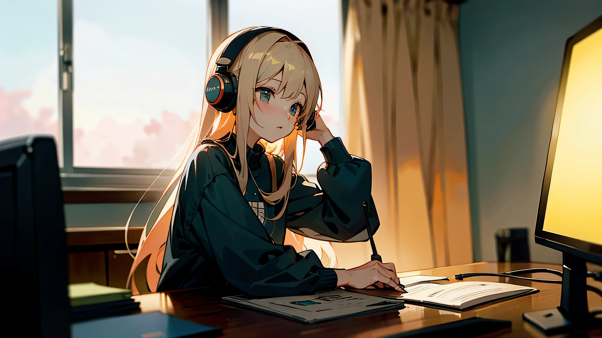 Anime girl studying in her room at the computer with headphones on, listening to music
One cute anime girl in a quiet room, focused on her studies, with headphones covering her ears, playing soothing tunes as she works diligently at her computer. The soft glow of the monitor casting a gentle light on her determined face. The tranquility of the scene is slightly interrupted by the occasional swaying of her long, loose locks, highlighting her dedication in pursuing her goals.
