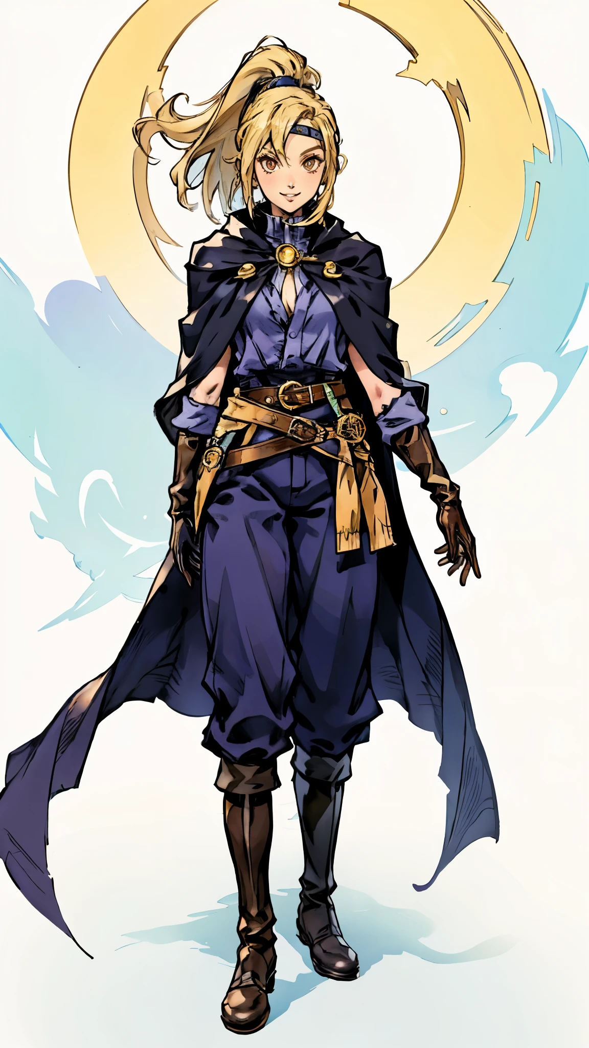 A girl with long indigo hair, a high ponytail, a headband adorned with crescent moon decorations, bright round eyes, a cheerful smile, a curious expression, a fantasy-style adventurer's coat with a short hem, houlder extensions forming a cape cloak, fabric gloves, a multifunctional belt, coarse cloth trousers, knee-high leather boots, a wilderness backdrop of Akira Toriyama's style, this character embodies a finely crafted fantasy-style adventurer in anime style, exquisite and mature manga art style, high definition, best quality, highres, ultra-detailed, ultra-fine painting, extremely delicate, professional, perfect body proportions, golden ratio, anatomically correct, symmetrical face, extremely detailed eyes and face, high quality eyes, creativity, RAW photo, UHD, 32k, Natural light, cinematic lighting, masterpiece-anatomy-perfect, masterpiece:1.5