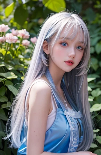 Potrat、alice in wonderland、blue sky、bright and beautiful face、Young and shiny fair skin、The most beautiful、platinum blonde,Exuding dazzling highlights、Extra long silky straight hair、Beautiful shiny bangs、Glowing crystal clear blue eyes、Very beautiful and cute 14 year old pretty girl、white apron、blue dress
