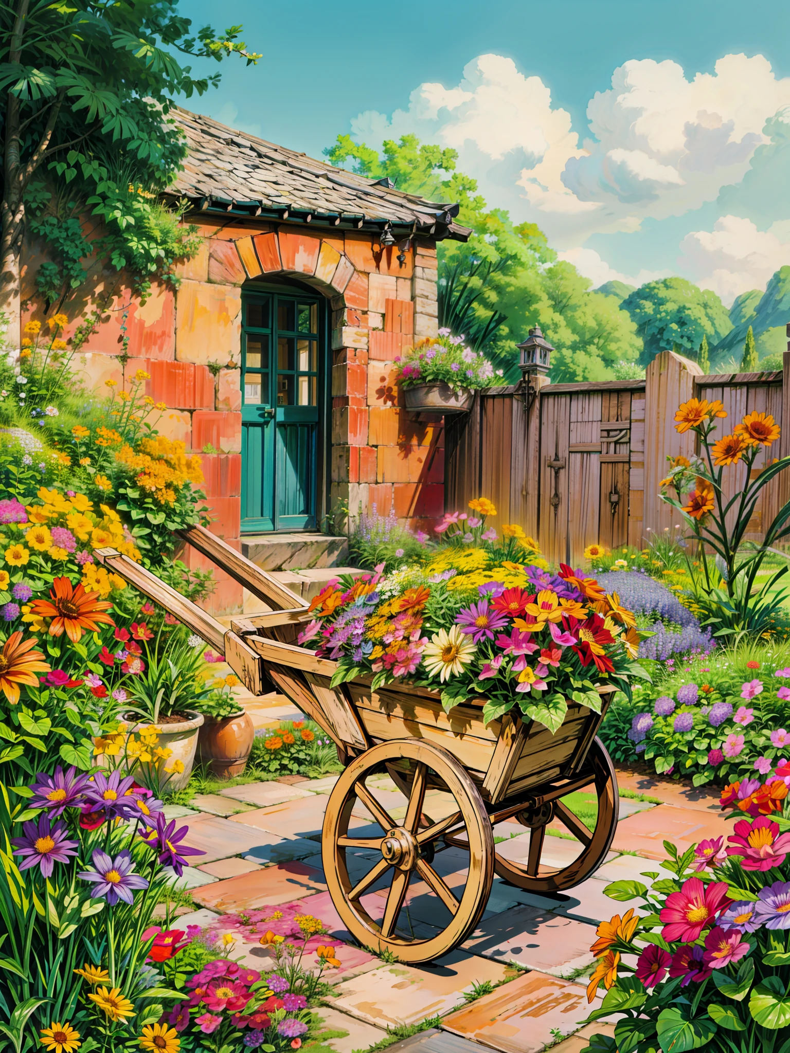 a garden with a wheelbarrow full of flowers, marigold background, garden with flowers background, with colorful flowers and plants, beautiful isometric garden, background of flowery hill, garden background, royal garden background, garden with flowers, background art, sunny day background, cottagecore flower garden, house background, garden landscape, flower garden, home and garden, 4k hd,, beautiful art uhd 4 k, a beautiful artwork illustration, beautiful digital painting, highly detailed digital painting, beautiful digital artwork, detailed painting 4 k, very detailed digital painting, rich picturesque colors, gorgeous digital painting