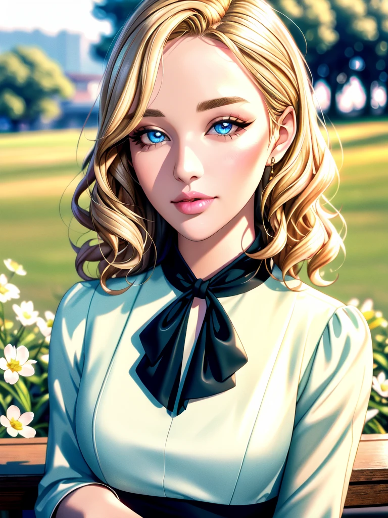 (table top:1.2), (highest quality:1.2), perfect eyes, perfect face, perfect lighting, 1 girl, mature woman in the field, medium blonde hair, curly hair, fine clothes, detailed outdoor background, compensate, eye shadow, thick eyelashes, moist lips, fantasy, looking at the viewer, spring