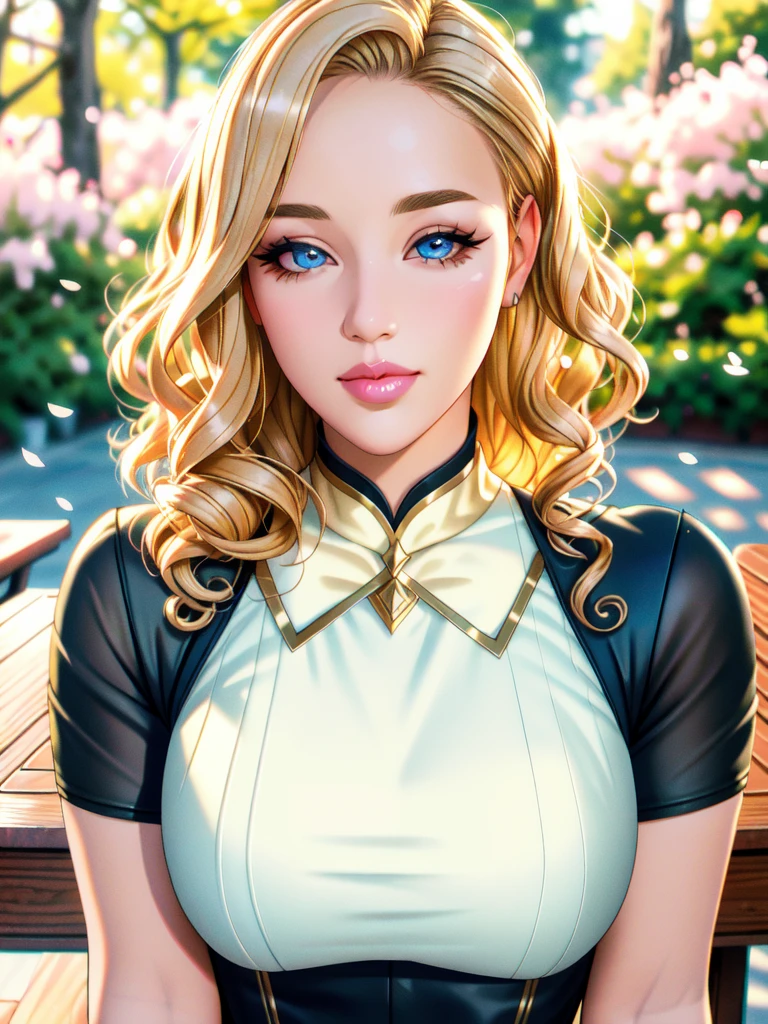 (table top:1.2), (highest quality:1.2), perfect eyes, perfect face, perfect lighting, 1 girl, mature woman in the field, medium blonde hair, curly hair, fine clothes, detailed outdoor background, compensate, eye shadow, thick eyelashes, moist lips, fantasy, looking at the viewer, spring