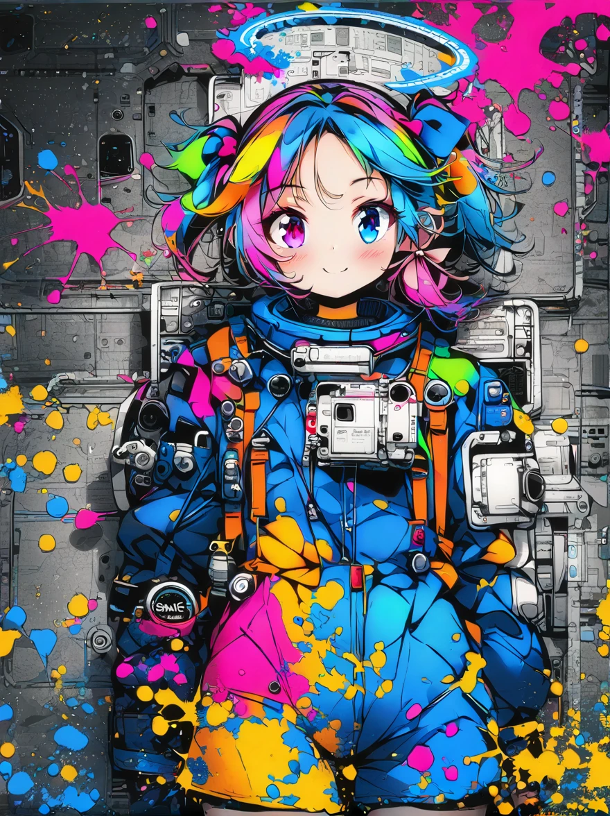 hair bobbles, wince, long eyelashes, solid circle eyes, light smile, ear blush, fang, (((rainbow hair))), makeup, blush, sad, sad smile, drop shadow, anaglyph, atmospheric perspective, 8k, super detail, accurate, best quality, (cyberpunk), bright lighting, masterpiece,1girll, ((((short twintails)))), Colorful hair, flying, pink bows,((16-year-old female model)), (angel halo) , eye level shot, (((astronaut))), (((cowboy shot))), ((((( color splash ))))), (((tech savy)))