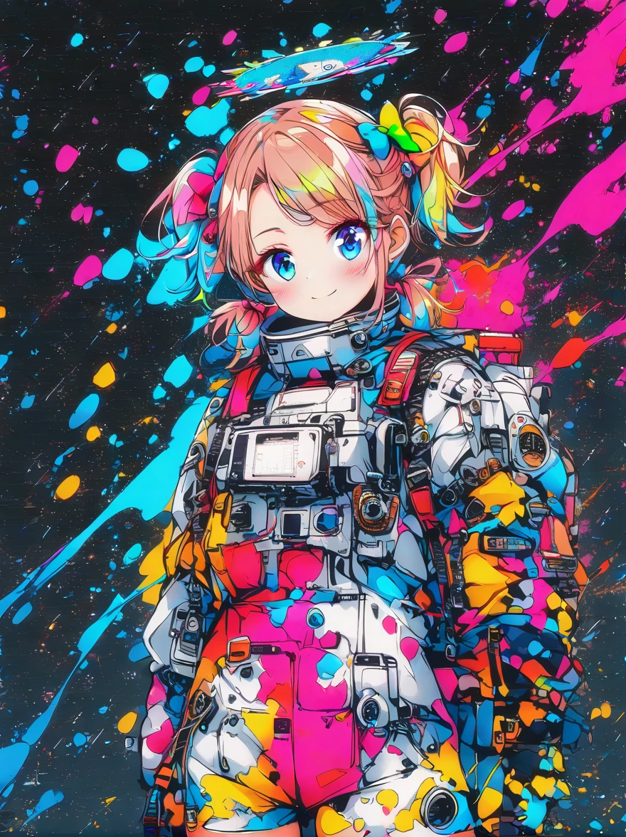 hair bobbles, wince, long eyelashes, solid circle eyes, light smile, ear blush, fang, (((rainbow hair))), makeup, blush, sad, sad smile, drop shadow, anaglyph, atmospheric perspective, 8k, super detail, accurate, best quality, (cyberpunk), bright lighting, masterpiece,1girll, ((((short twintails)))), Colorful hair, flying, pink bows,((16-year-old female model)), (angel halo) , eye level shot, (((astronaut))), (((cowboy shot))), ((((( color splash ))))), (((tech savy)))