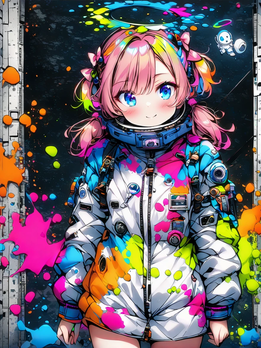 hair bobbles, wince, long eyelashes, solid circle eyes, light smile, ear blush, fang, (((rainbow hair))), makeup, blush, sad, sad smile, drop shadow, anaglyph, atmospheric perspective, 8k, super detail, accurate, best quality, (cyberpunk), bright lighting, masterpiece,1girll, ((((short twintails)))), Colorful hair, flying, pink bows,((16-year-old female model)), (angel halo) , eye level shot, (((astronaut))), (((cowboy shot))), ((((( color splash ))))), (((tech savy)))