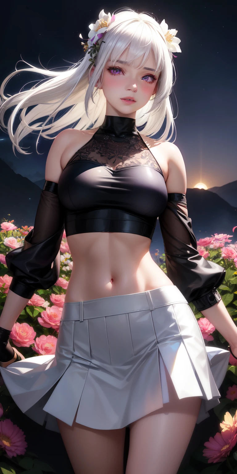 realistic, 1girl, white hair, purple eyes, glowing eyes, crop top, skirt, parted lips, blush, night, flowers, sun, sunlight,
